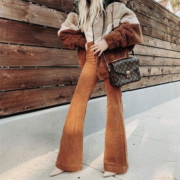 Pants - Boho flared rib knit high waist pants brown tan
